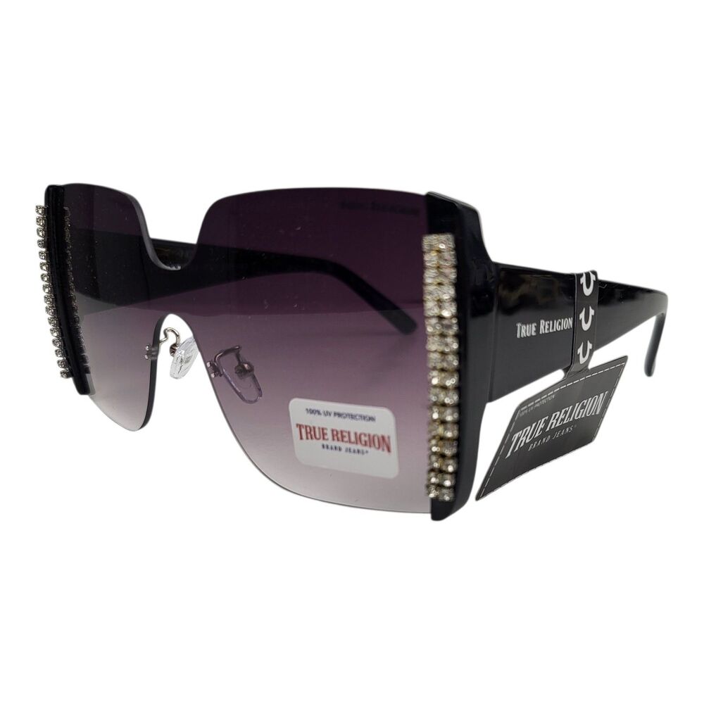 True Religion Square Women's Sunglasses Oversized Rhinestones Bling Black Purple